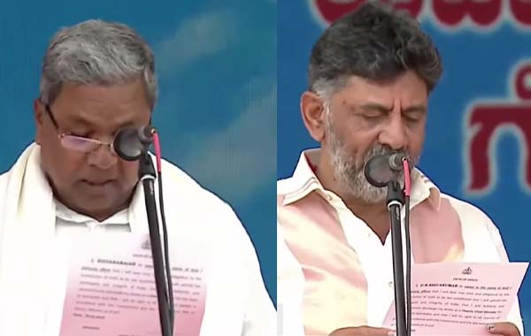Karnataka :  కొలువుదీరిన కాంగ్రెస్ ప్రభుత్వం.. సీఎంగా సిద్ధూ, డిప్యూటీ సీఎంగా డీకే ప్రమాణం.. మరో  8 మందికి కేబినెట్ లో చోటు..